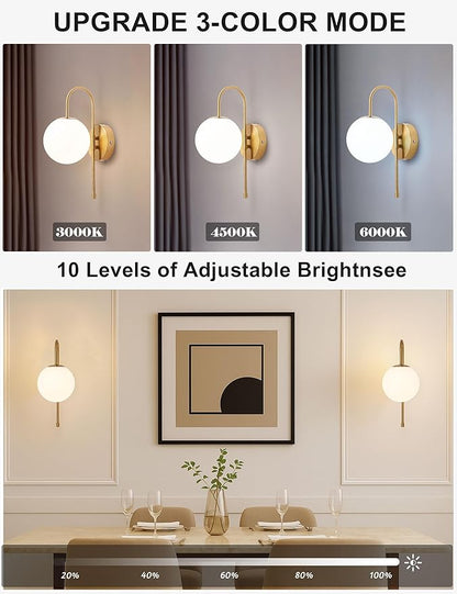 Battery Operated Globe Wall Sconces Set of 2, Wireless Gold Wall Lights with Remote Control, Rechargeable 3 Color Stepless Dimming Gooseneck Wall Decor Lamp for Bedroom Living Room Hallway
