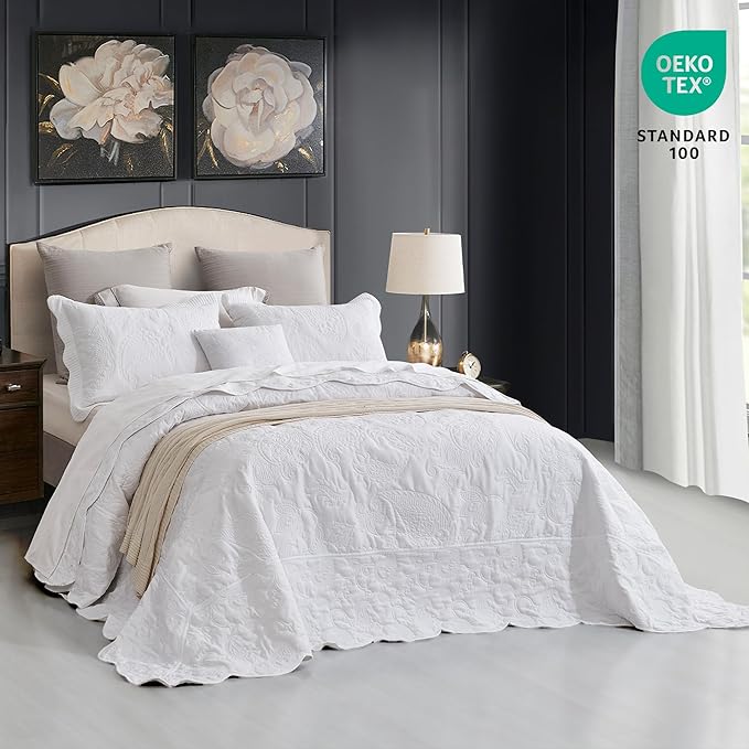 HZ & HY Oversized King Bedspread 128x120 Extra Wide, Quilted Coverlet Bedding Set, Lightweight Thin Comforter, Reversible, Luxurious, 5 Piece, 100% Microfiber, Pure White