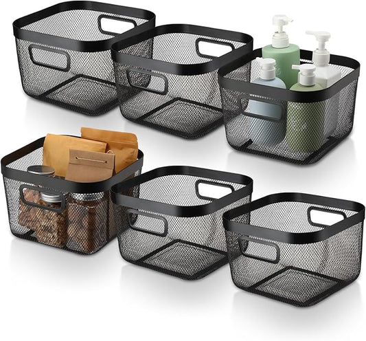 6 Pack Metal Mesh Basket with Hollow Handles Black Wire Storage Bin for Organizing Stackable Metal Fine Mesh Basket for Pantry Bathroom Kitchen Cabinets Shelves