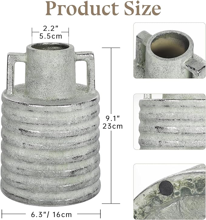 Hollyone Large Vintage Ceramic Vase with 2 Handles, 9.1" Tall Silver-Toned Antique Rustic Decorative Floral Grey Vases for Flowers Home Table Centerpiece Shelf Living Room Entryway Farmhouse Decor