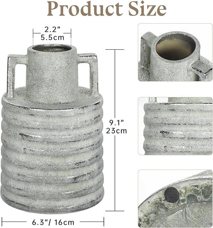Hollyone Large Vintage Ceramic Vase with 2 Handles, 9.1" Tall Silver-Toned Antique Rustic Decorative Floral Grey Vases for Flowers Home Table Centerpiece Shelf Living Room Entryway Farmhouse Decor