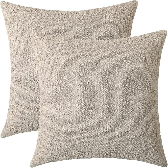 Jeneoo Light Grey Decorative Square Thick Throw Pillow Covers Fine Textured Boucle Oatmeal Couch Cushion Cases for Livingroom Sofa Home Decor, Set of 2, 18 x 18 Inch