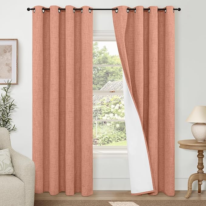 Lajode Terracotta Linen Blackout Curtains for Fall Living Room - 84 Inch Long Total Black Out Curtains for Bedroom, Thermal Insulated Room Darkening Light Blocking Curtains Each 52x84 Inch 2 Panels