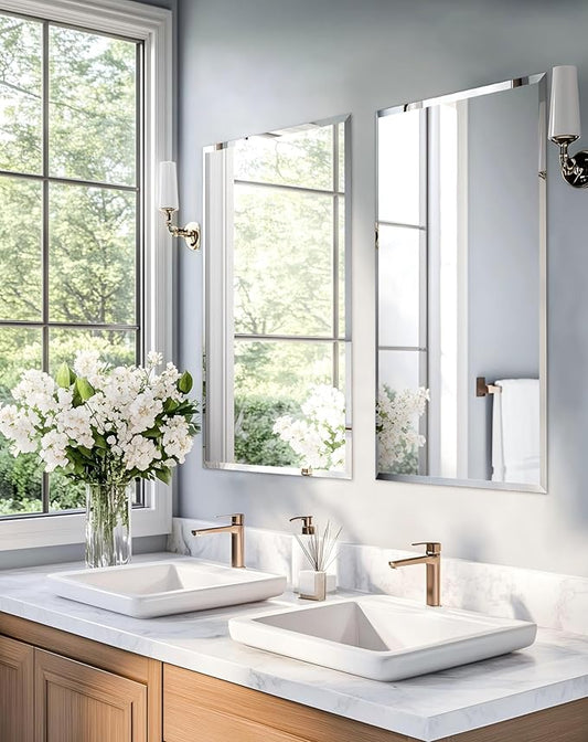 Frameless Rectangular Wall Mirror: Decorative Rectangle Mirrored Glass Vanity with Beveled Silver Edge for Bathroom Bedroom Livingroom Dining Room Entryway Hallway, 40 x 28 inch