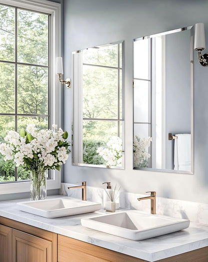 Frameless Rectangular Wall Mirror: Decorative Rectangle Mirrored Glass Vanity with Beveled Silver Edge for Bathroom Bedroom Livingroom Dining Room Entryway Hallway, 32 x 24 inch