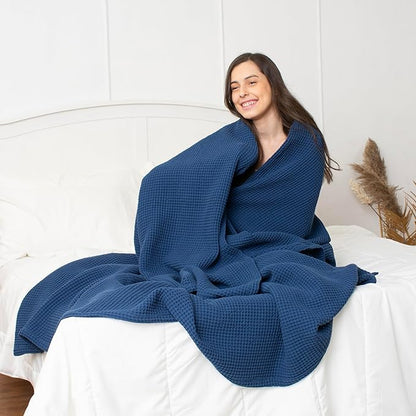 100% Cotton Waffle Blankets for Bed - Queen (90" x 90") Lightweight, Breathable and Soft, Waffle Weave Blanket for All-Season - Summer, Spring, Winter (Blue)