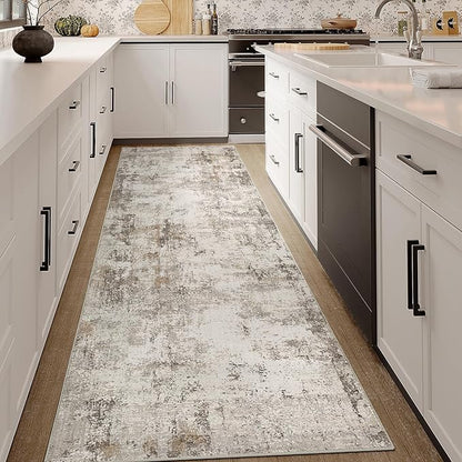 2x7 Washable Runner Rug Brown Grey Abstract Hallway Kitchen Throw Rug Neutral Modern Non Slip Soft Low Pile Carpet for Bathroom Laundry Bedroom Living Room