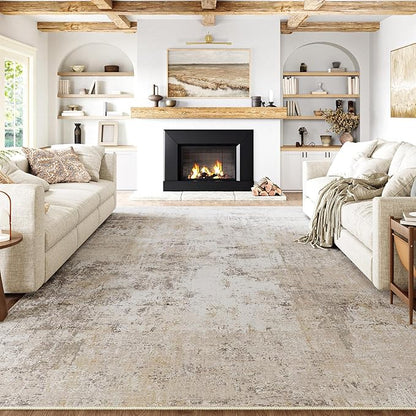 9x12 Area Rug Beige Grey Abstract Living Room Bedroom Carpet Neutral Modern Non Slip Soft Medium Pile Indoor Large Throw Rug for Dining Room Office