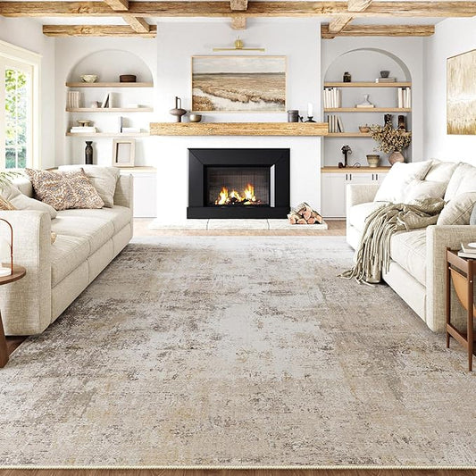 9x12 Area Rug Beige Grey Abstract Living Room Bedroom Washable Carpet Neutral Modern Non Slip Soft Low Pile Indoor Large Throw Rug for Dining Room Office