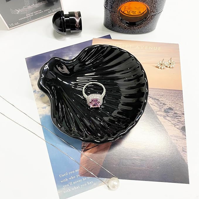Shell Shape Ring Holder Dish, Seashell Jewelry Dish Tray, Ceramic Trinket Tray for Rings Earrings Necklaces Bracelet, Birthday for Mom Friend Sister, 3.9", Black