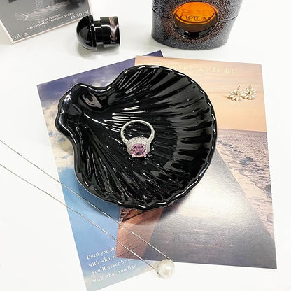 Shell Shape Ring Holder Dish, Seashell Jewelry Dish Tray, Ceramic Trinket Tray for Rings Earrings Necklaces Bracelet, Birthday for Mom Friend Sister, 3.9", Black