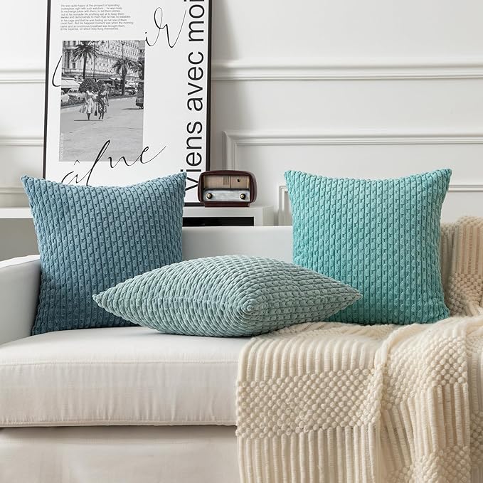 Kevin Textile 12x20 Inch Pillow Cover 1 Pack Boho Decorative Soft Striped Corduroy Lumbar Farmhouse Color Accent Rectangle Cushion Case for Living Room Couch Sofa Bed, Aqua Green