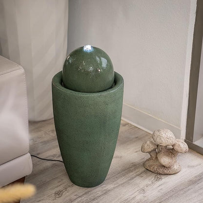 XBrand 26" Modern Sphere Water Fountain with LED Light – Indoor Outdoor Stone Texture Floor Fountain, Zen Bubbling Ball Water Feature for Garden Patio Porch - Green