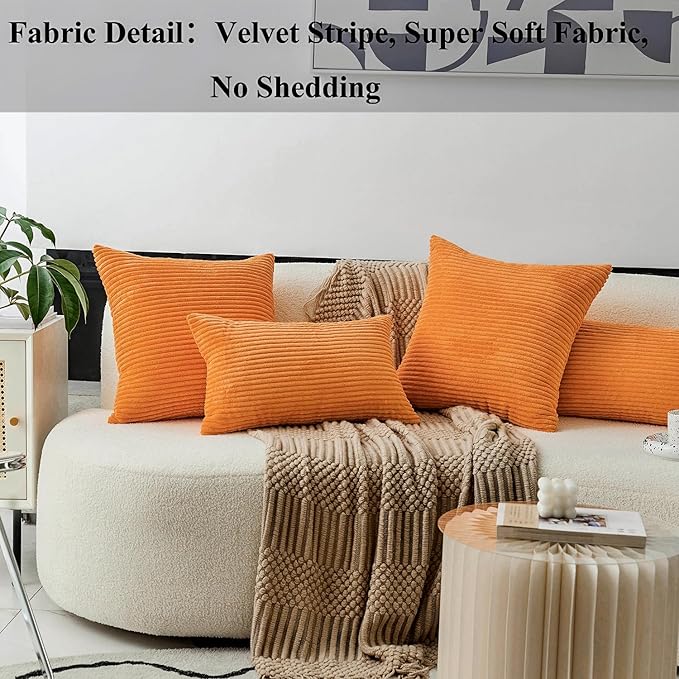 Home Brilliant Fall Pillow Covers 20x20 Burnt Orange Throw Pillow Cases Set of 2 Striped Corduroy Plush Velvet Cushion Cover for Couch Rust Thanksgiving, 50cm, 20 x 20 Inch, Orange