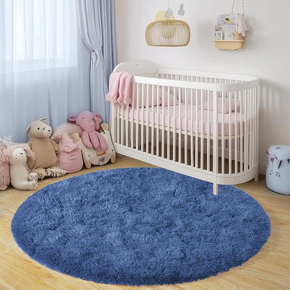 Round Fluffy for Bedroom Rugs, 6Ft Navy Blue Shag Circle Rug Non-Slip for Kids Girls Boys Bedroom Dorm Nursery Playroom, Soft Cute Area Rugs for Living Room Decor