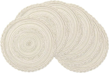 SHACOS Round Placemats Set of 6 Boho Braided Bordered Placemats 15 inch for Dining Tables Wedding Holiday Party (Ivory Bordered, 6)