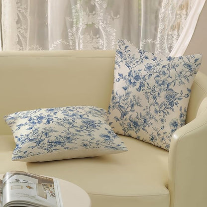 Blue Pillow Covers 18x18 Set of 2 Blue and Cream Floral Chinoiserie Throw Pillows Vintage Rustic Toile Flower Decorative Pillow Cases Outdoor Chinoiserie Decor Cushion Case for Couch Bed Sofa