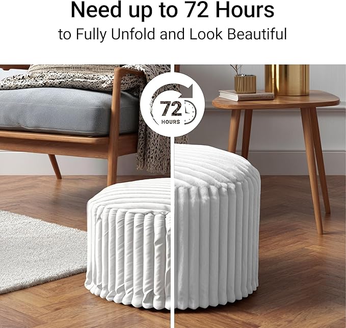 Luxury Round Stuffed Floor Poufs Ottoman, Stripe Faux Fur Footrest with Dual Layer Comfort, Removable Washable Cover, 20"x15" Plush Pouf Shaggy Stool for Living Room Bedroom Vanity, Beige