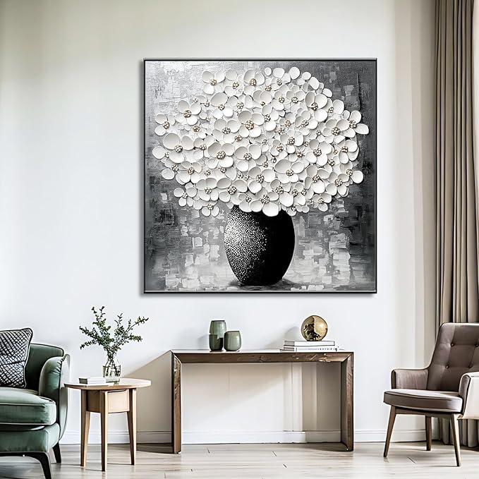 Glethua Flower Canvas Wall Decor, Abstract Floral Painting Print, White Blooming Flowers in Vase Picture Art, Modern Minimalist Still Life Artwork for Living Room Bathroom Bedroom Office (Black Framed, 40 x 40 in | 102 x 102cm)
