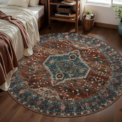 Tangsoo Oriental Round Area Rugs 6ft, Washable Circle Rug, Non Slip Boho Round Area Rug, Vintage Low Pile Circular Rugs,Large Rounds Rugs Carpet for Livingroom Bedroom Nursery Dorm Office Rust/Blue