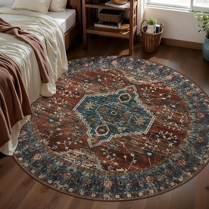 Tangsoo Oriental Circle Rug Washable Round Rugs 4ft, Non Slip Small Boho Round Area Rug, Vintage Low Pile Circular Rugs, Round Carpet for Living Room Bedroom,Entryway,Nursery,Dorm,Rust/Blue