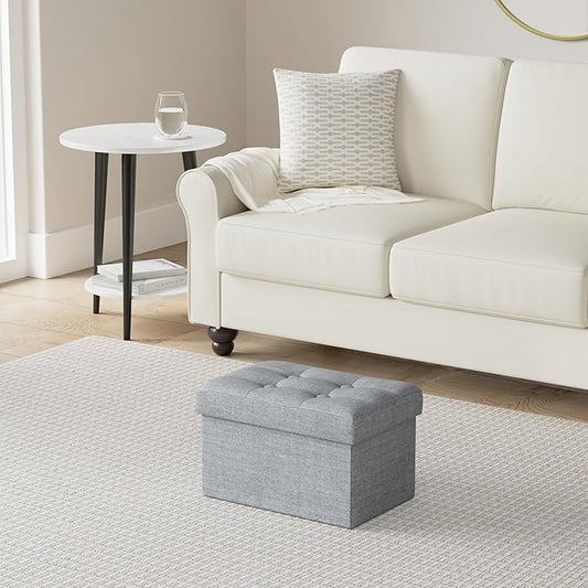 LINMAGCO Ottoman Storage Ottoman with Storage Small Foot Rest Stool Under Desk Stool Short Folding Footrest Linen Cloth Light Gray 16X12X12IN