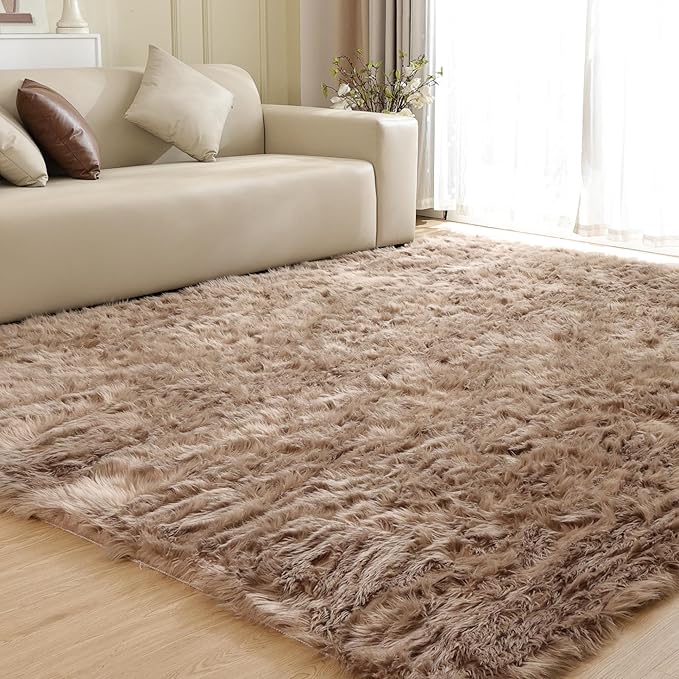 Beige Area Rugs for Living Room Bedroom Nursery 9X12 Washable Faux Sheepskin Fluffy Fur Rug Kids Room Decor Soft Cozy Home Décor