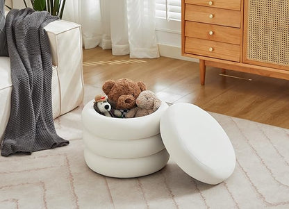 Flouki 20.1" Storage Ottoman Round, Vanity Stools for Bedroom, Entryway Ottoman for Console Table, Ottoman Stool for Girls Women, Foot Stool for Living Room, Set of 2, Velvet White