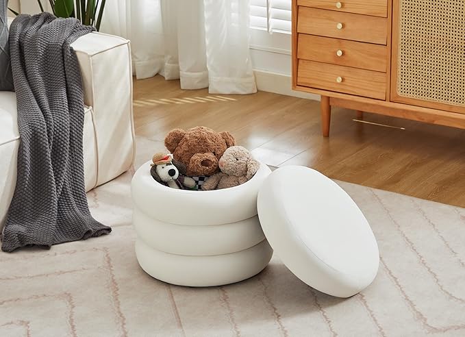 Flouki 20.1" Storage Ottoman Round, Vanity Stools for Bedroom, Velvet Pouf Ottoman with Removable Lid, Modern Ottoman Stool for Girls Women, Foot Stool for Living Room, White