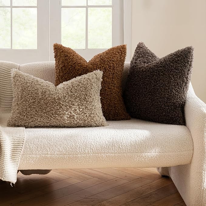 MIULEE Pack of 2 Faux Fur Chocolate Throw Pillow Covers 18x18 Inch Boucle Decorative Sherpa Pillow Covers Fuzzy Accent Soft Sheepskin Fleece for Boho Home Decor Sofa Living Room Couch Bed
