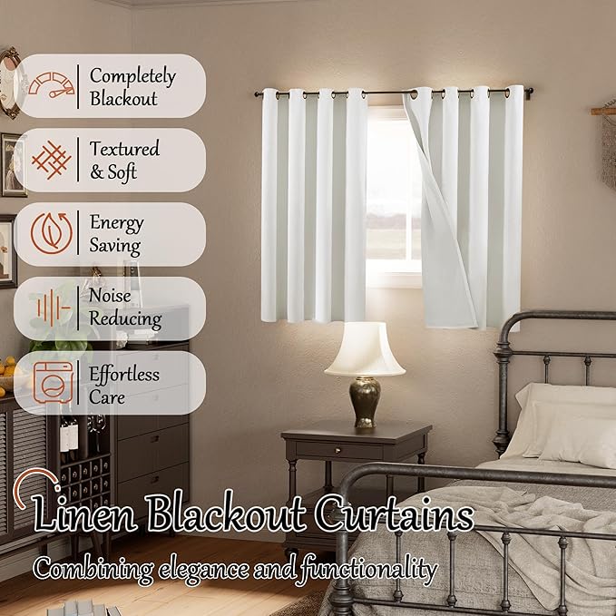 Short Blackout Curtains 54 Inch Length 2 Panels, Thermal Insulated Total Light Blocking Linen Window Curtains for Bedroom Basement Farmhouse Privacy Noise Reducing, Grommet, White, Each 52" Wide