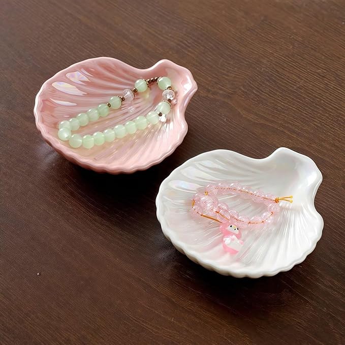 3.9" Shell-Shaped Ceramic Ring Dish - Pink Iridescent Surface Jewelry Tray, Decorative Trinket Organizer for Rings, Earrings, Necklaces & Keys - Ideal for Mom, Friend, Sister
