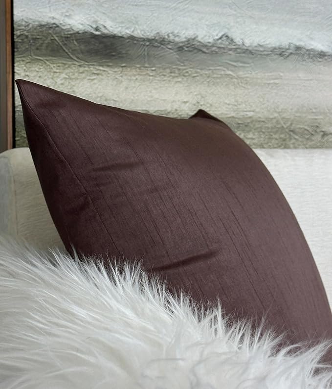 Aiking Home Collection 26x26 Inches Faux Silk Square European Shams, Zipper Closure, Brown (Set of 2)