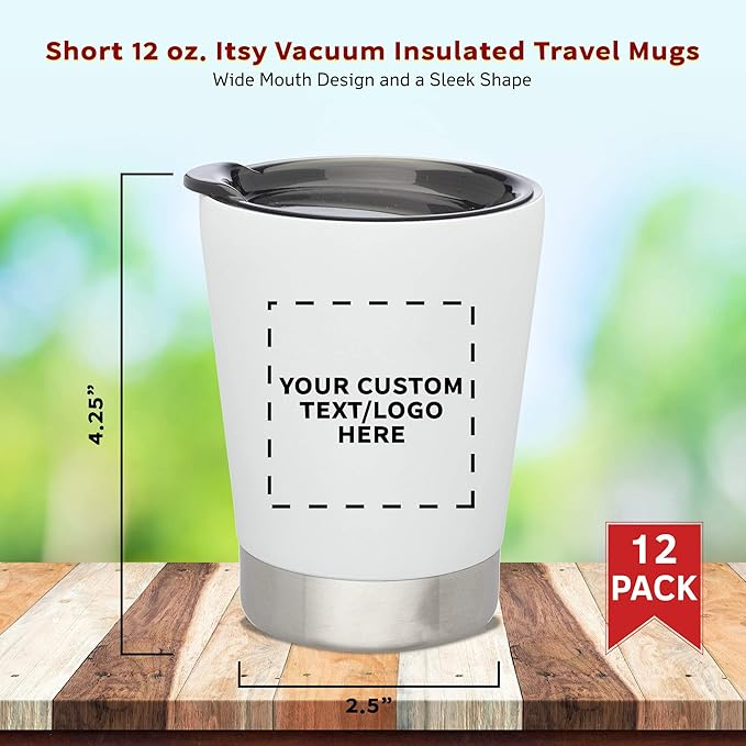 Personalized 12 oz. Itsy Vacuum Insulated Travel Mugs - 12 Pack - Custom Text, Logo - White