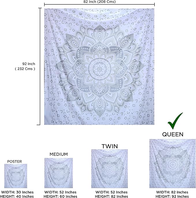 raajsee Glittering Silver Grey Tapestry Wall Hanging Mandala-Bohemian Room Decor-Indian Cotton Throw Hippie Tapestries -Boho Bedding White Golden Queen bedspread 82x92 inches-Meditation Yoga Mat Rugs
