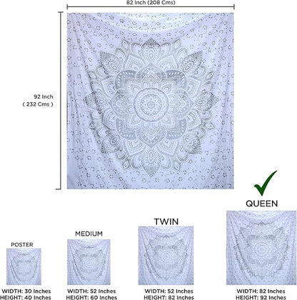 raajsee Glittering Silver Grey Tapestry Wall Hanging Mandala-Bohemian Room Decor-Indian Cotton Throw Hippie Tapestries -Boho Bedding White Golden Queen bedspread 82x92 inches-Meditation Yoga Mat Rugs