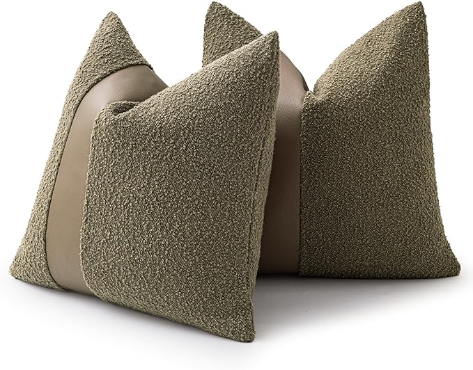 20"x20" Moss Green Boucle Throw Pillow Covers with Faux Leather Accents Set of 2 Fluffy Textured Decorative Pillow Cases for Couch Bed Boho Farmhouse Square Cushion Covers for Nordic Home