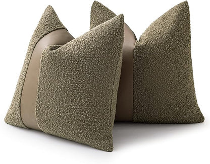 20"x20" Moss Green Boucle Throw Pillow Covers with Faux Leather Accents Set of 2 Fluffy Textured Decorative Pillow Cases for Couch Bed Boho Farmhouse Square Cushion Covers for Nordic Home