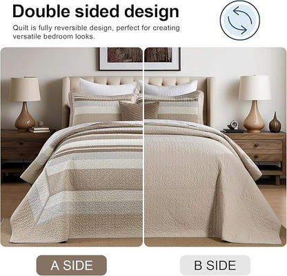 EWlinens 100% Cotton 120"x102" Oversized Queen Bedspread, Farmhouse Striped Patchwork Oversized Queen Quilted Bedspreads Coverlet Set, Extra Large Quilt Bed Spread, 3pcs Bed Blanket, Brown/Gray/White