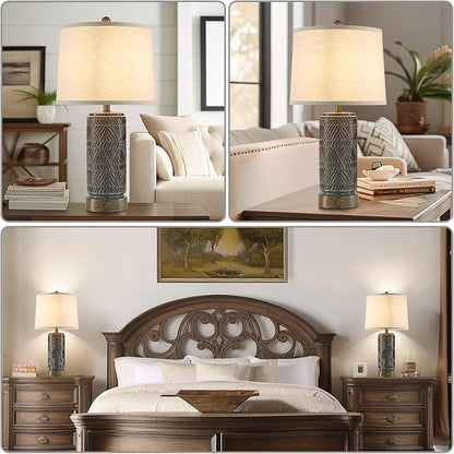 RORIA Set of 2 Farmhouse Table Lamps for Living Room Bedroom, 3 Way Dimmable Touch Nightstand Lamp with 2 USB Port, Rustic Vintage Bronze Ceramic Lamps for End Table Bedside, Bulbs Included