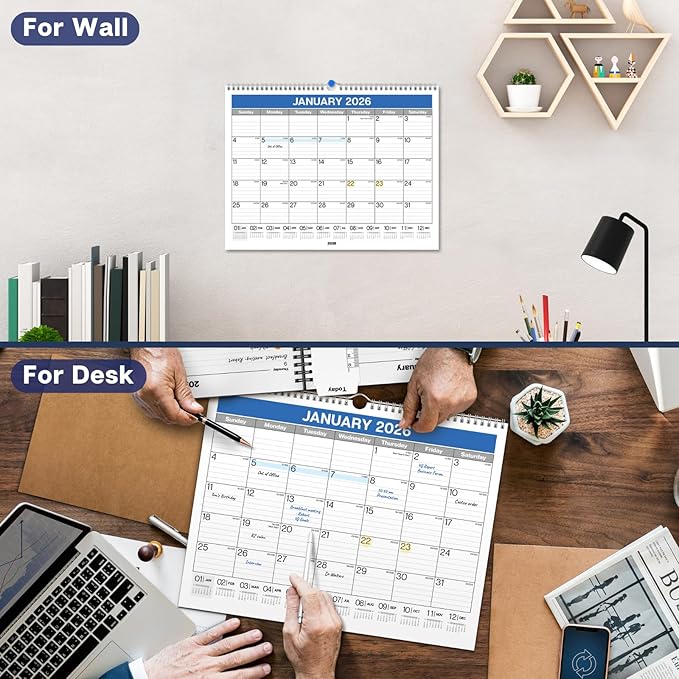 Dunwell 2026 Wall Calendar 12x15 (Blue), Large Lined Monthly Calendar, Jan – Dec 2026, 12 x 15 Size, Professional Style for Home, Office, School or Organization