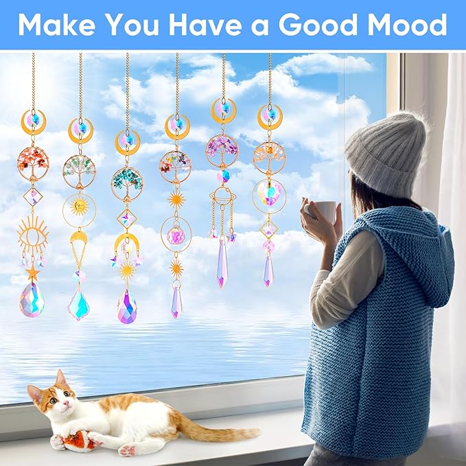 6 PCS Crystal Suncatchers for Window Hanging, Sun Catchers Indoor Window Garden Hanging with Crystals Prism Light Catcher,Tree of Life Crystal Suncatcher for Indoor Outdoor Home Garden Party Decor