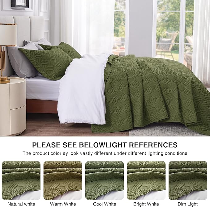 Love's cabin Quilts for Queen Bed Olive Green Bedspreads Bedding Set - Summer Lightweight Bedspread Comforter - Wave Pattern Bedding Coverlet for All Season - 3 Pieces (1 Quilt, 2 Pillow Shams)