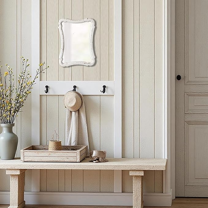 Rustic Wood Framed Small Wall Mirror Decor 12 x 9 inches, Handmade Distressed White Vintage Decorative Mirror, Farmhouse Bathroom Mirrors for Vanity, Hanging Ornate Accent Sculpted Mirrors