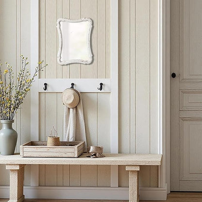 Rustic Wood Framed Small Wall Mirror Decor 12 x 9 inches, Handmade Distressed White Vintage Decorative Mirror, Farmhouse Bathroom Mirrors for Vanity, Hanging Ornate Accent Sculpted Mirrors