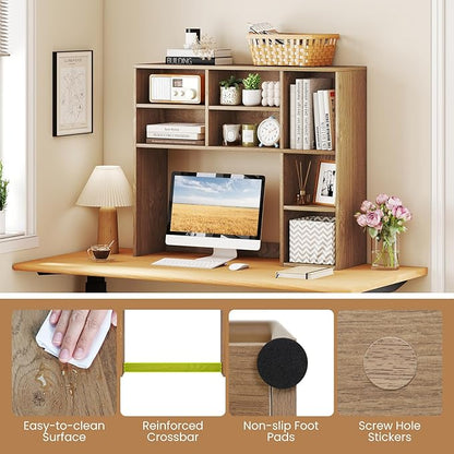 GOFLAME Desktop Bookshelf, 37” Desk Organizer Shelf with 7 Cubes & 3 Adjustable Shelves, 3-Tier Wood Countertop Display Rack, Multipurpose Tabletop Desk Hutch for Dorm, Home Office (Natural)