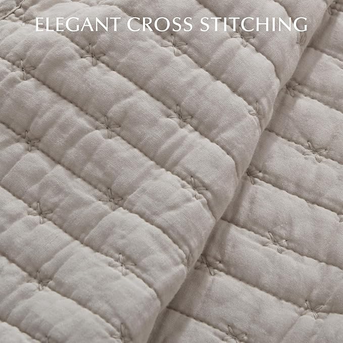 EVERGRACE Cross Stitch Pre-Washed Cotton Quilt Bedding Set King Size, Oversized 3 Pieces Lightweight Bedspread Coverlet for All Season, with 2 Matching Shams, Taupe,108"x96"