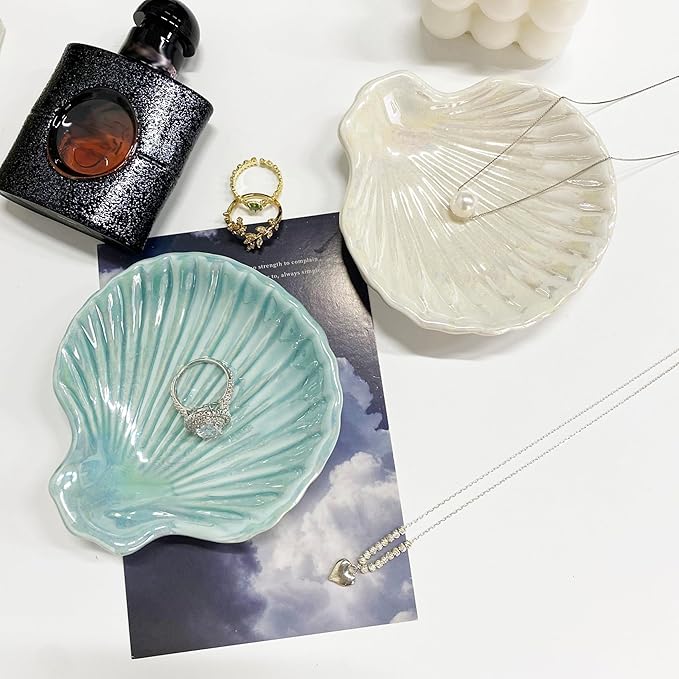 Ring Dish Shell Shape Ceramic Jewelry Dish Tray, Decorative Trinket Dish Organizing Rings Earrings Necklaces Keys for Mom Friend Sister, 3.9", Blue Iridescent Surface