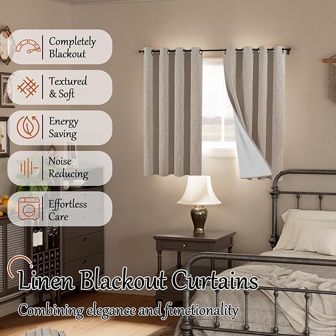 Lajode Short Linen Blackout Curtains 45 Inch Length 2 Panels, Thermal Insulated Total Light Blocking Window Curtains for Farmhouse Bedroom Basement, Bronze Grommet, Beige, Each 52" Wide