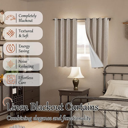 Lajode Linen Blackout Curtains 54 Inch Length 2 Panels for Bedroom, Thermal Insulated Total Light Blocking Noise Reducing Window Curtains for Farmhouse, Bronze Grommet, Beige, Each 52" Wide